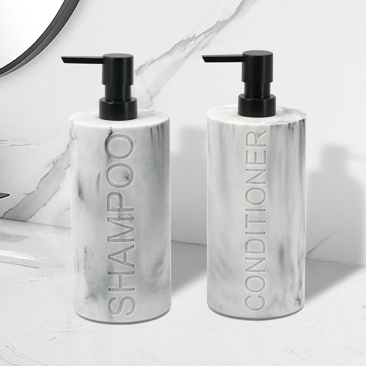 Marble Resin 2 Piece Shampoo and Conditioner Dispenser Set, Luxurious Refillable Pump Bottles with
