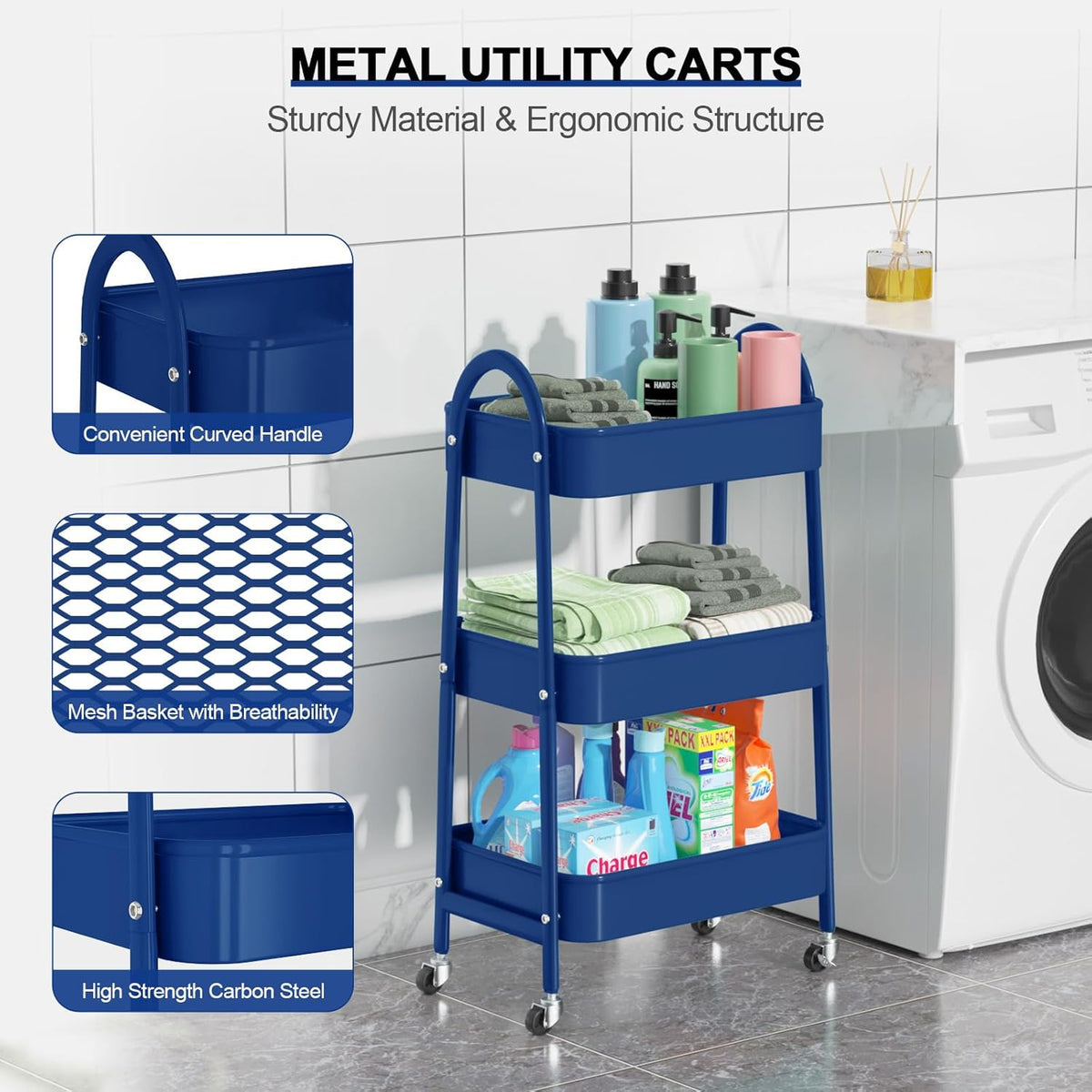 EAGMAK 3 Tier Utility Rolling Cart, Metal Storage Cart with Handle and Lockable Wheels