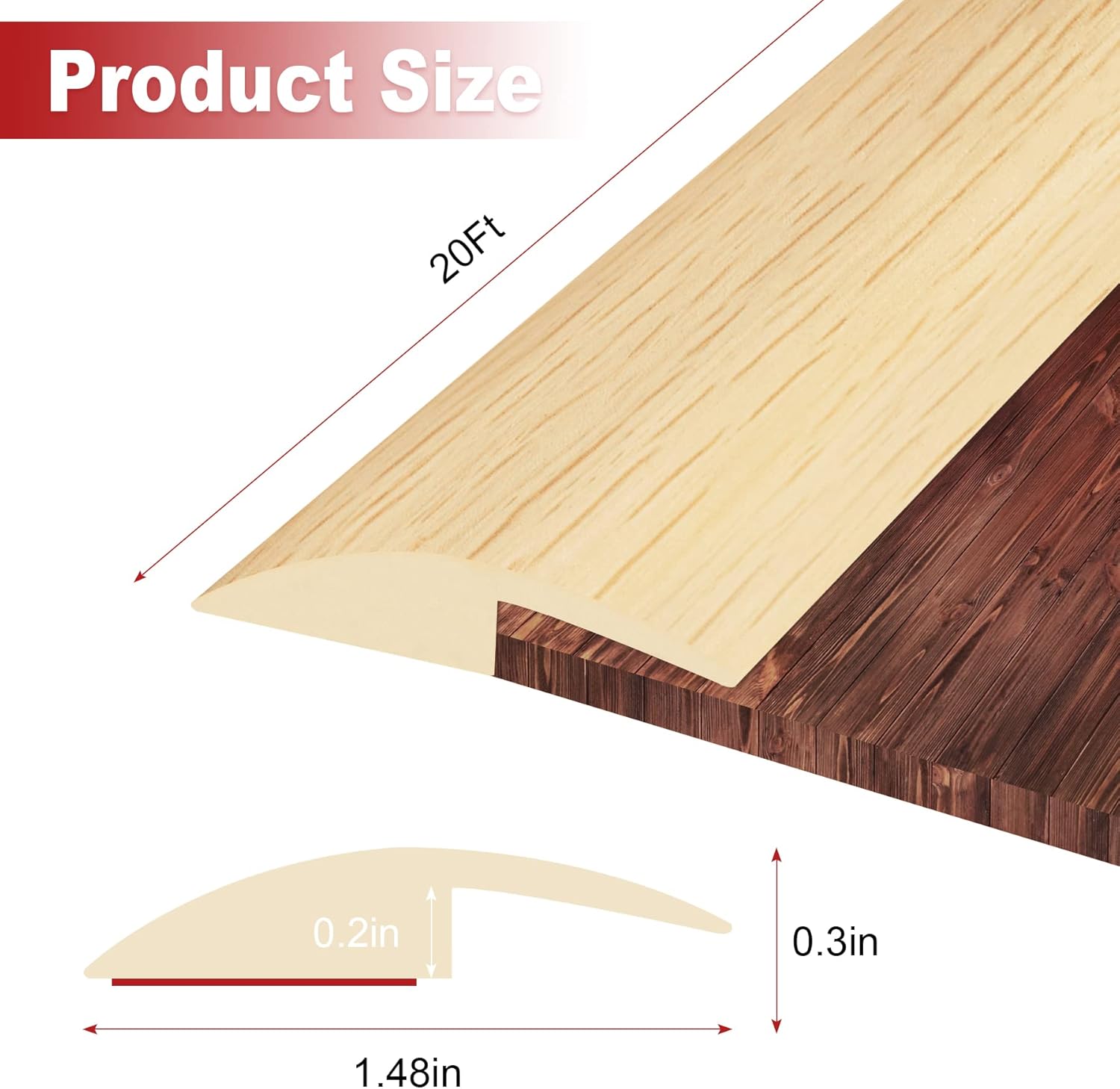20Ft Carpet Floor Transition Strip, Self Adhesive Floor Edging Trim Strip, PVC Threshold Cover for