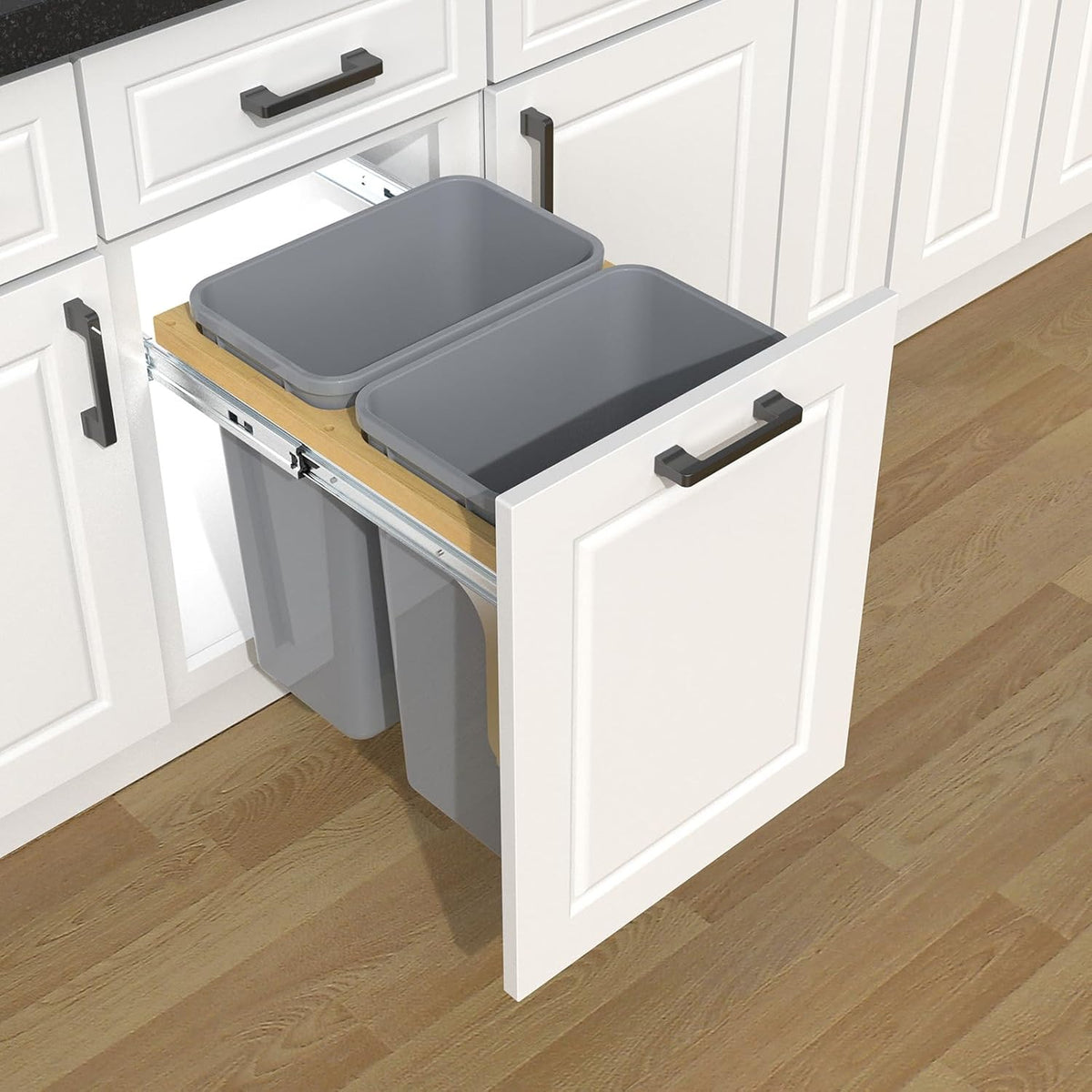 Double Pull Out Under Cabinet Trash Can 35 Qt Garbage Bin for 15" x 1.5" Face Frame, Grey -Only for
