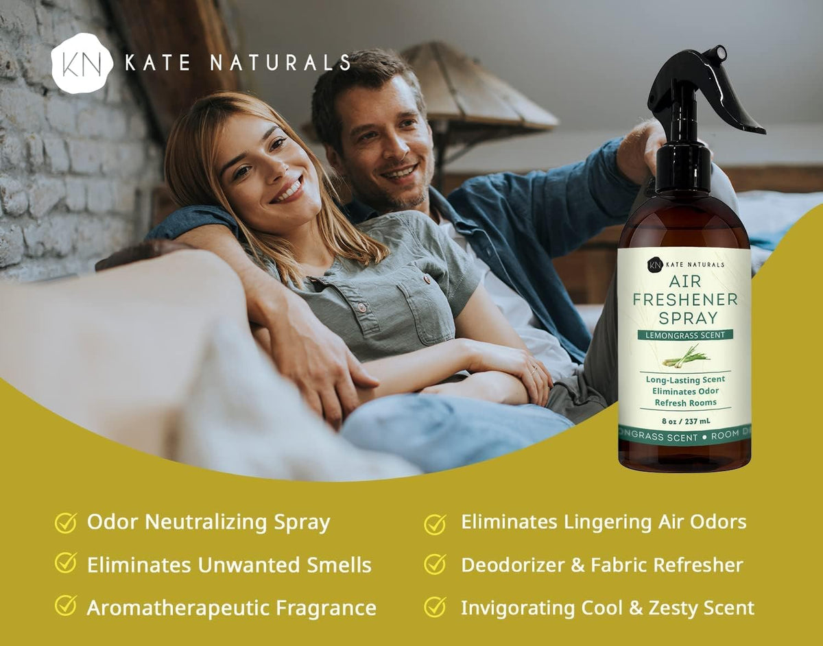 Kate Naturals Air Freshener Spray for Home. Lemongrass Essential Oil Odor Eliminator Room Freshener