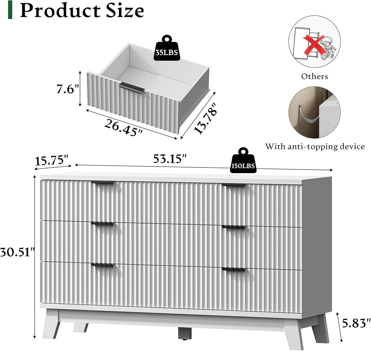 Fluted Dresser with 6 Drawers, 54" Wide Modern Chest of Drawers with Metal Handle, Wooden Dresser