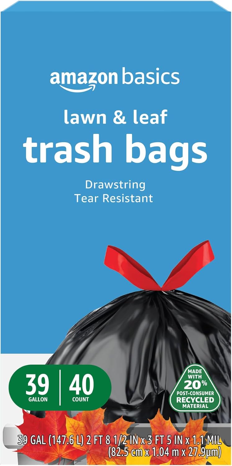 Amazon Basics 39 Gallon Lawn & Leaf Heavy Duty Drawstring Trash Bags, 20% Post Consumer Recycled