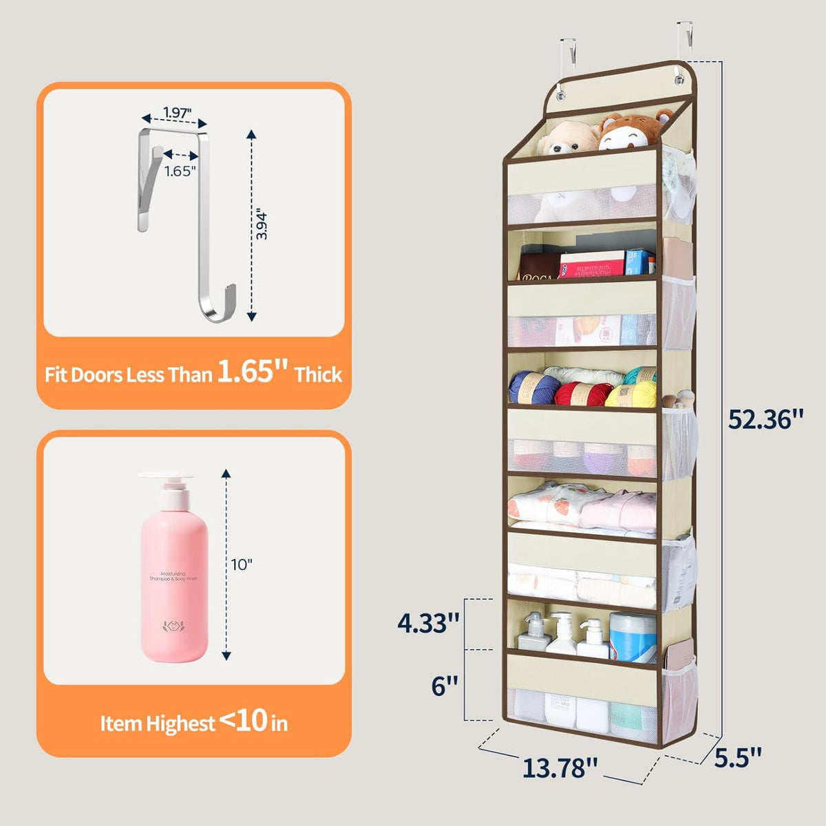 Yecaye Over The Door Organizer Storage, 5-Tier Heavy Duty Door Organizers Hanging with 10 Side Mesh