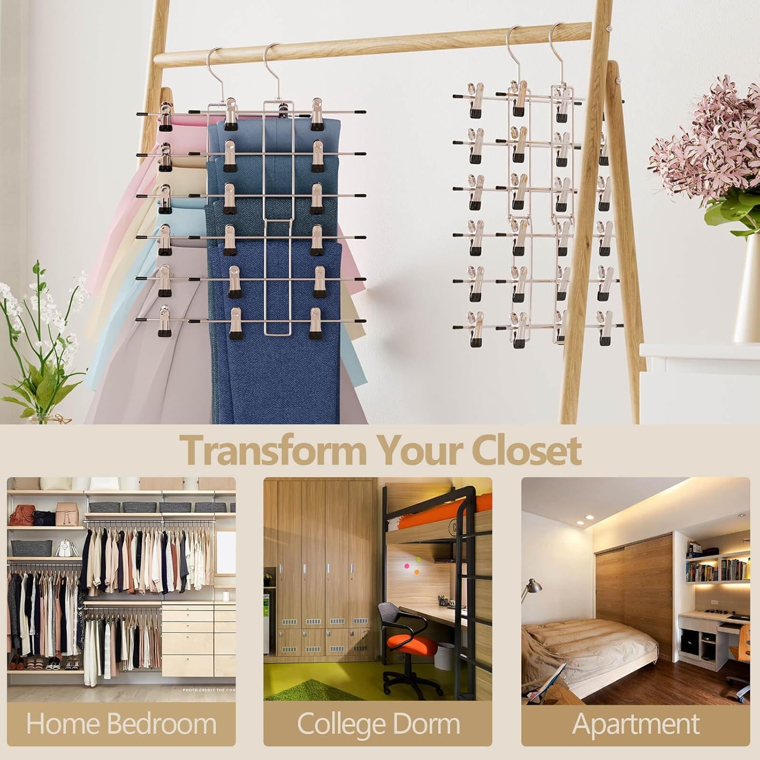 Pants Hangers with Clips,Space Saving Hanging Closet Organizer-6 Tiers Skirt Hangers with 360°