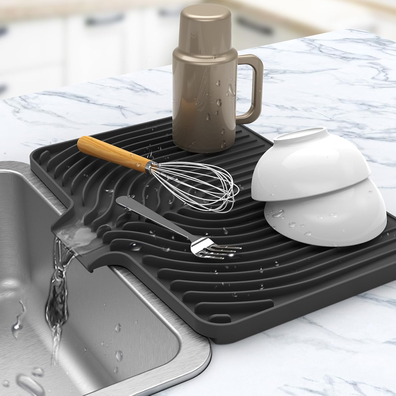 Kitchen Drying Mat for sink with a bulged edge,18"×12"Silicone Dish Drying Mat with built-in Drain