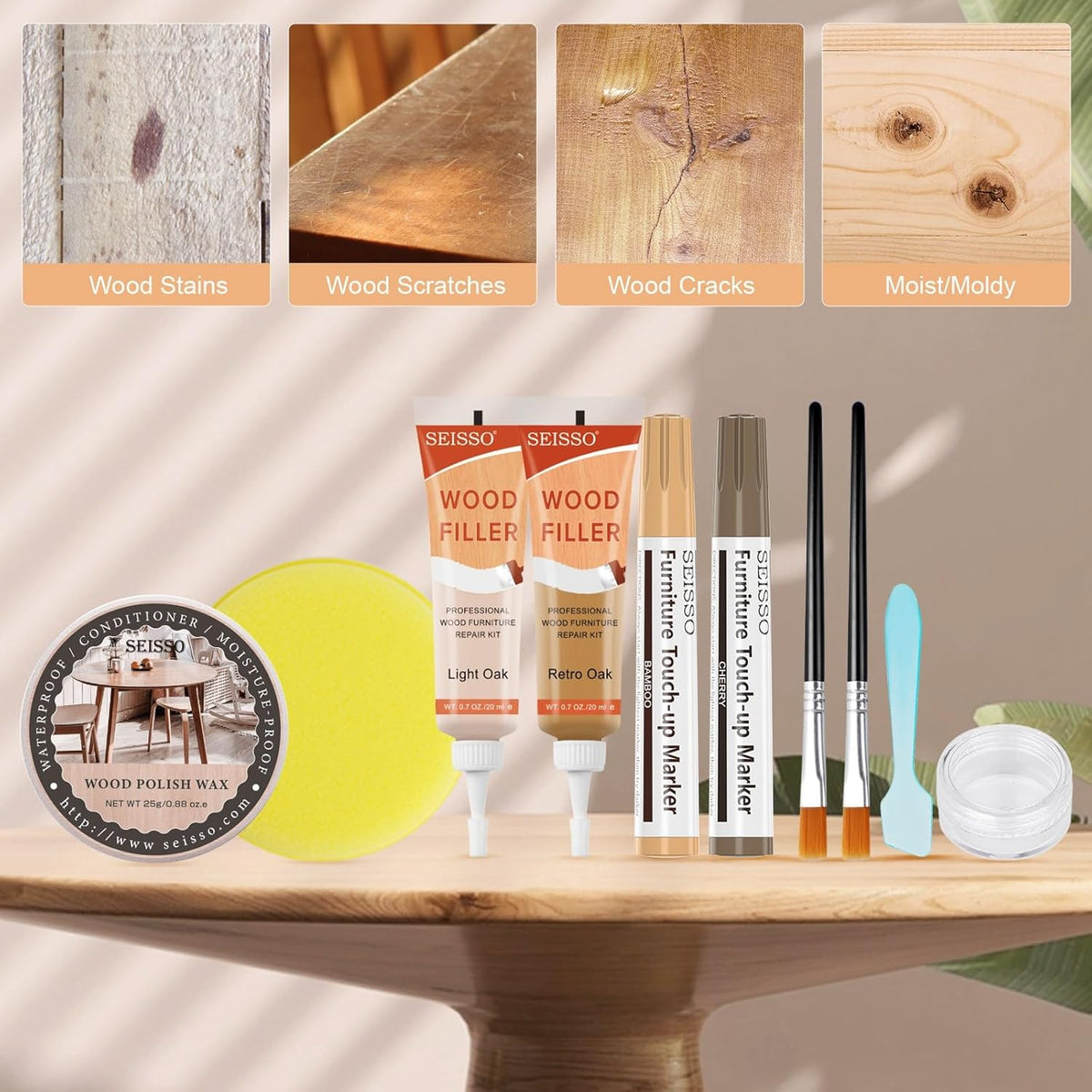 Wood Furniture Repair Kit - 6 Oak Color Wood Fillers with 6 Touch Up Markers and Wood Polish Wax