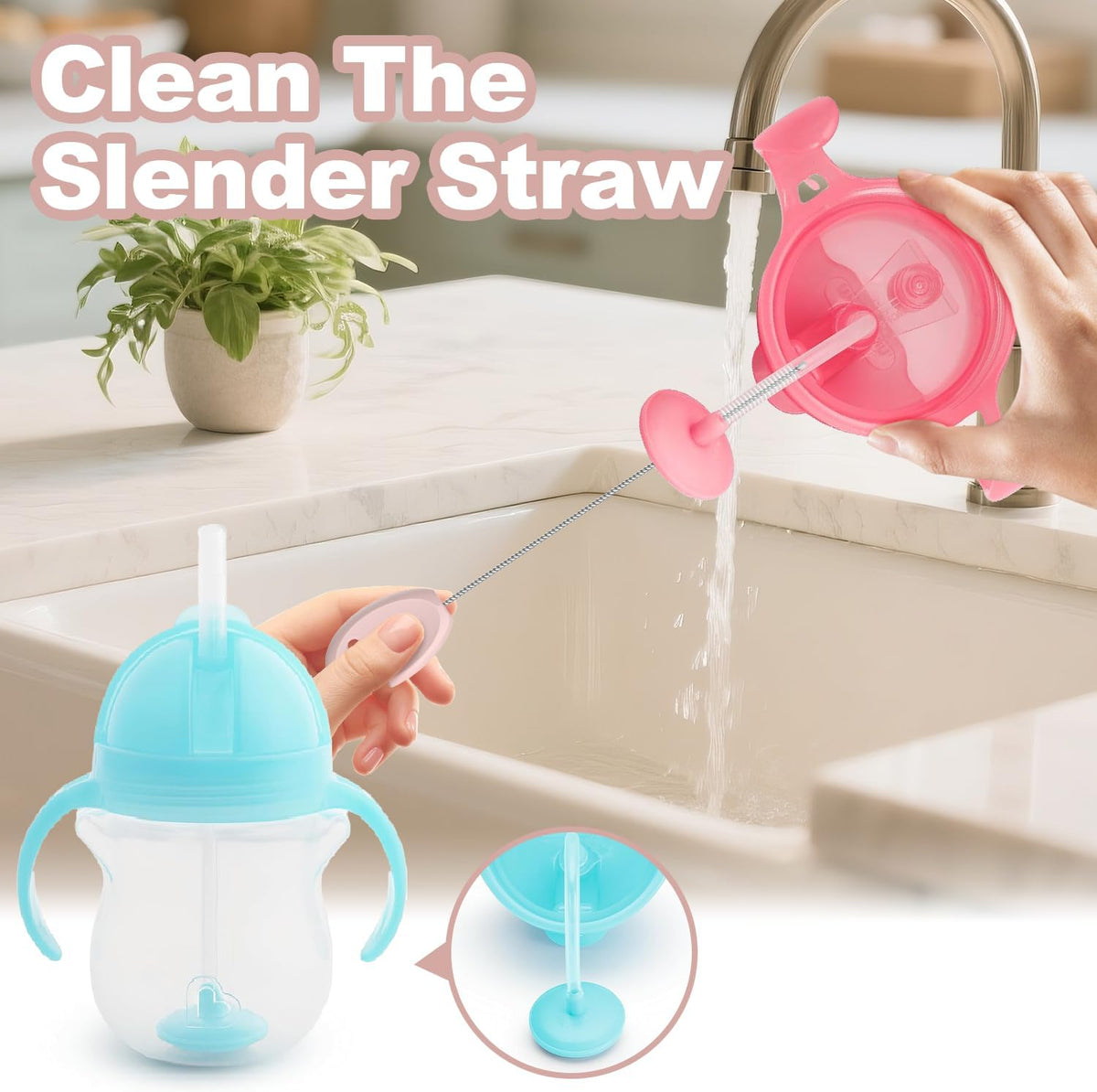 YOTIME Standing Straw Cleaner Brush Set, 4in1 Reusable Straw Brushes with Holder Ring, for Baby