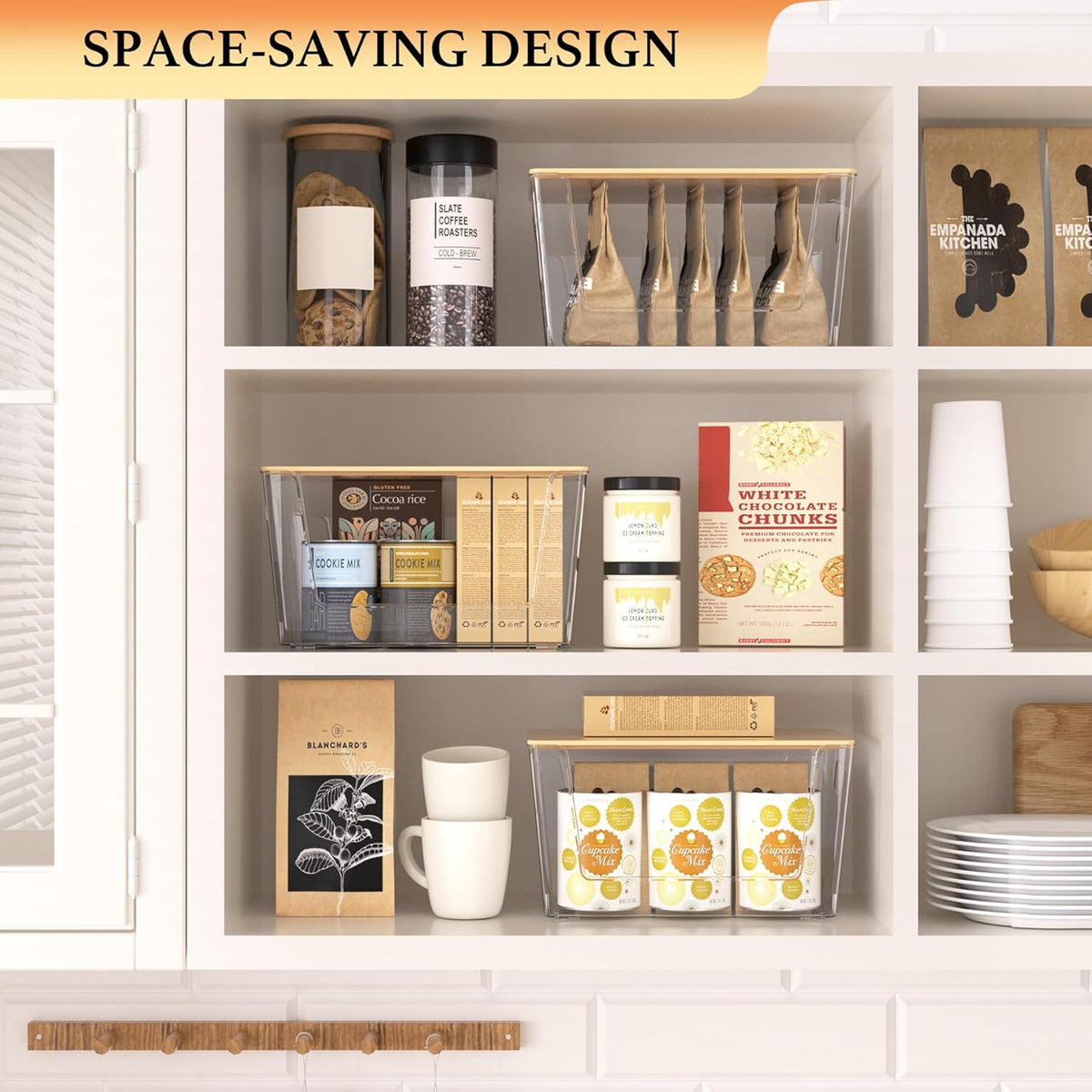 6 Pack Clear Stackable Storage Bins with Bamboo Lids, Plastic Storage Containers with Handle for
