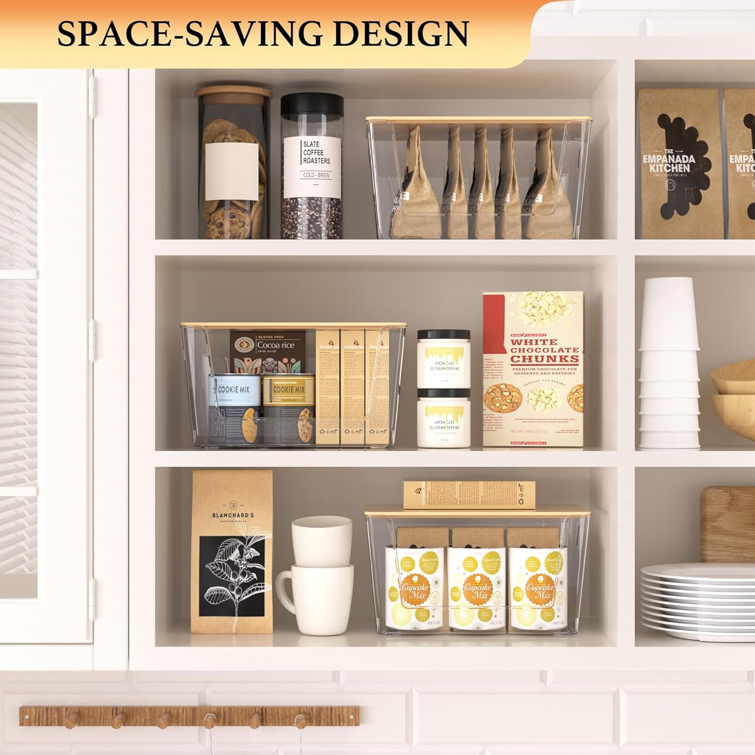 6 Pack Clear Stackable Storage Bins with Bamboo Lids, Plastic Storage Containers with Handle for
