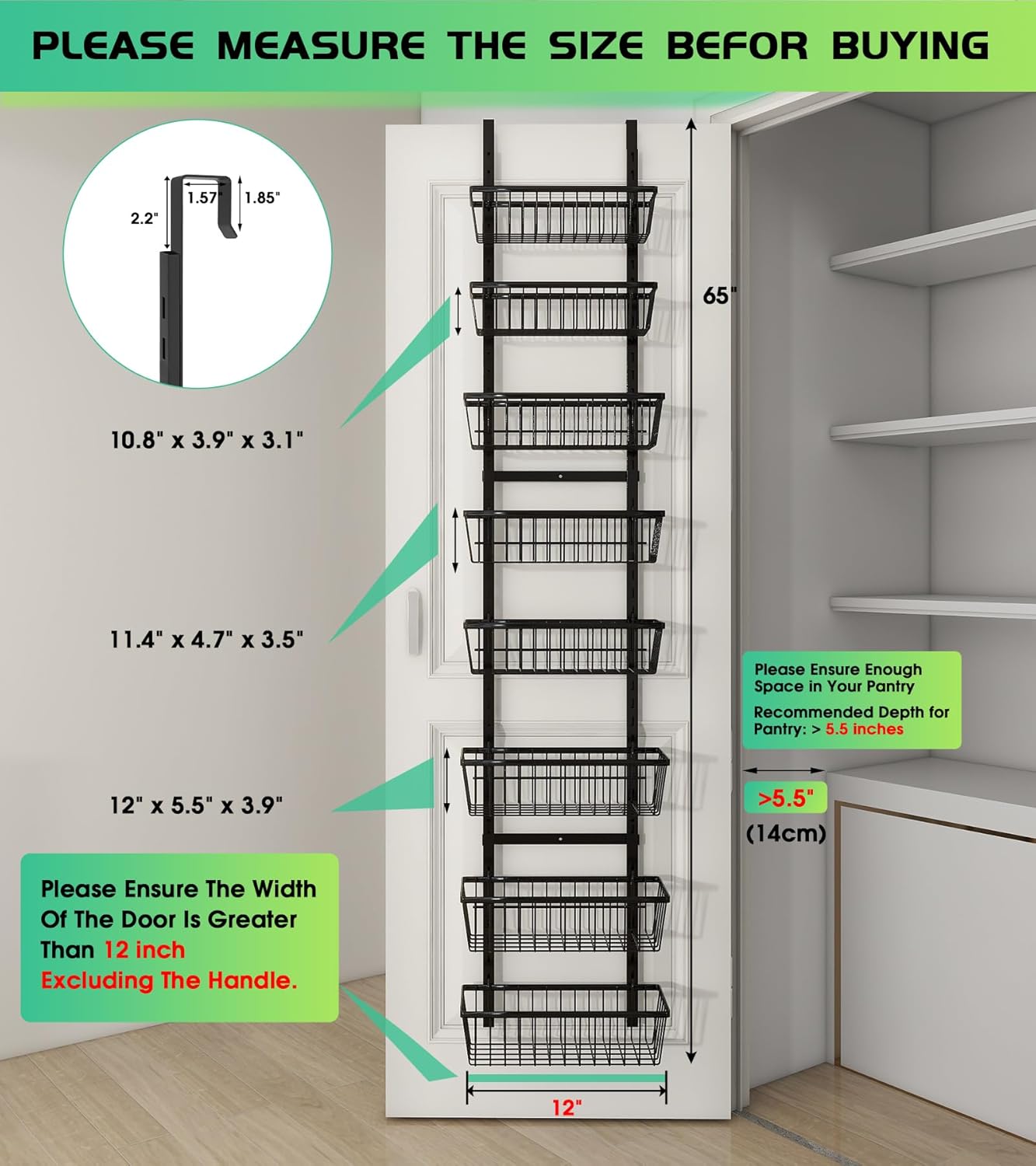 12 Inch Wide Narrow Over The Door Pantry Organizer, Pantry Organization and Storage, Black 8-Tier