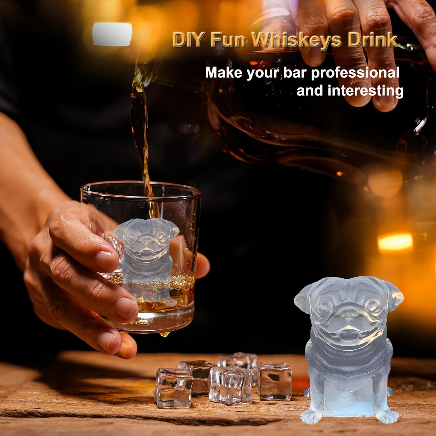 3D Pug Dog Ice Cube Silicone Molds Tray for Whiskey, Cocktail, Drink Decor, Bar; Rich Details. Fun