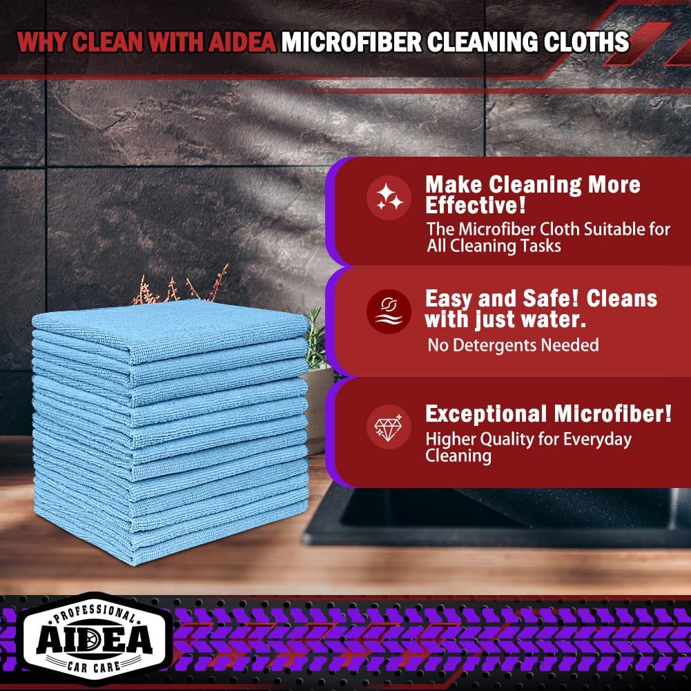 AIDEA Microfiber Cleaning Cloth, 50PK, Blue Shop Rags, Microfiber Towels for Cars, Dusting Cloth