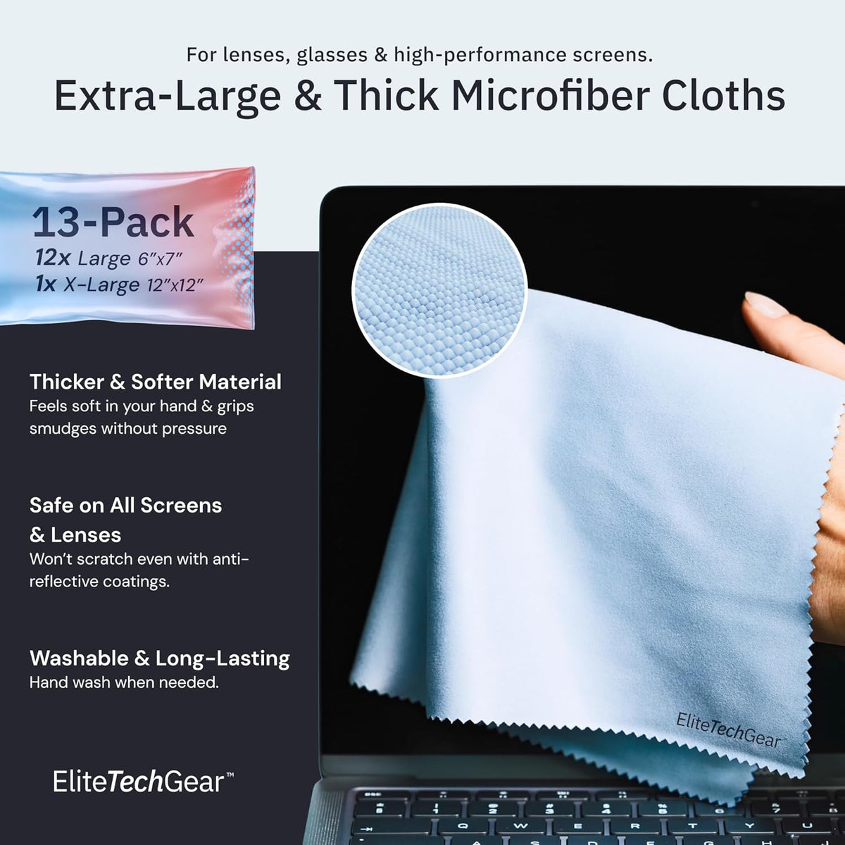 Elite Screens Microfiber Cleaning Cloth Set - 13-Pack, Blue, 6 x 7 in & 12 x 12 in - Smudge-Free