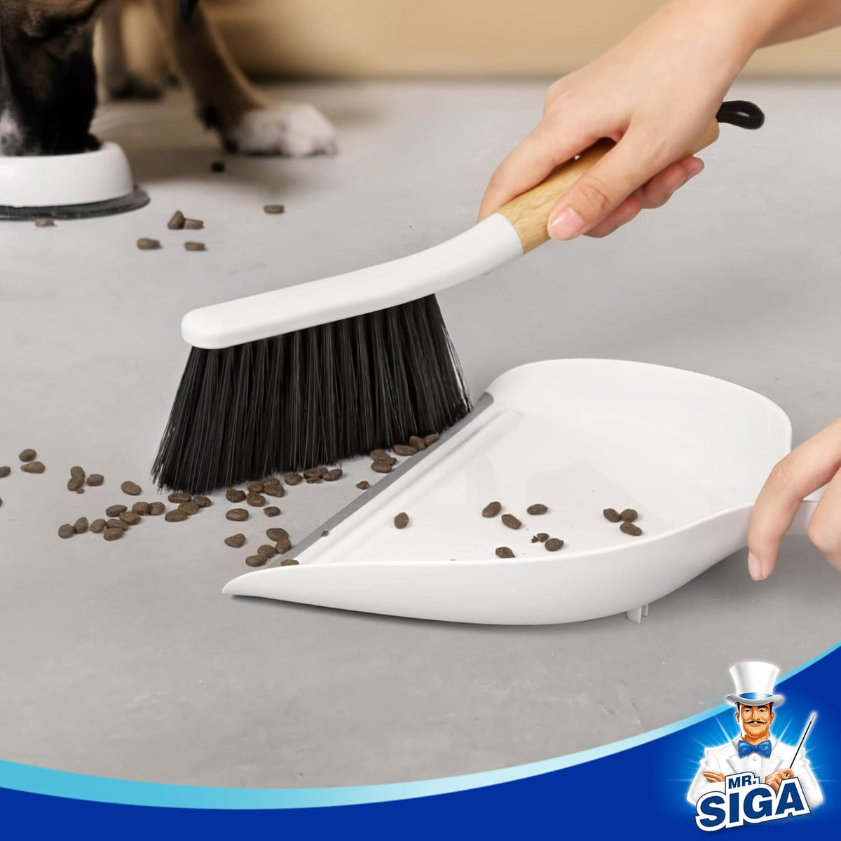 MR.SIGA Dustpan and Brush Set, Portable Cleaning Brush and Dustpan Combo with Bamboo Handle, White