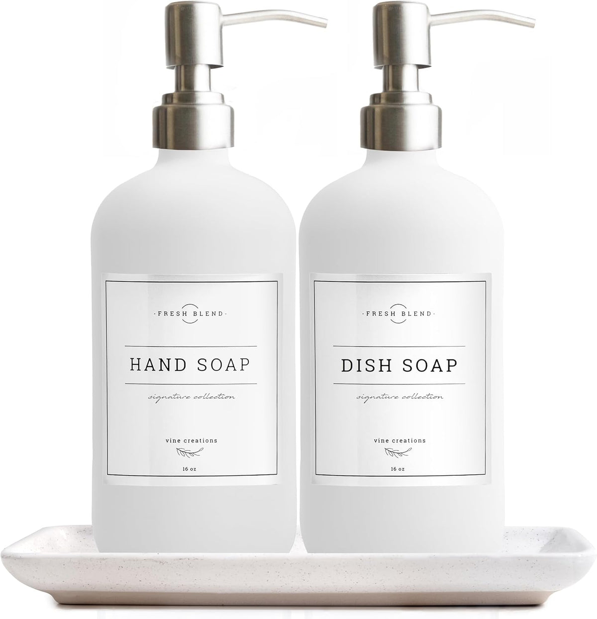 Vine Creations Glass Soap Dispenser, 2 Pack Kitchen Soap Dispenser Set with Ceramic Tray, Stainless