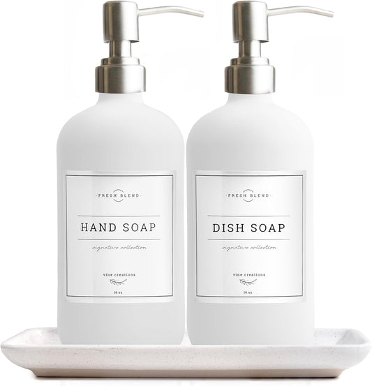 Vine Creations Glass Soap Dispenser, 2 Pack Kitchen Soap Dispenser Set with Ceramic Tray, Stainless