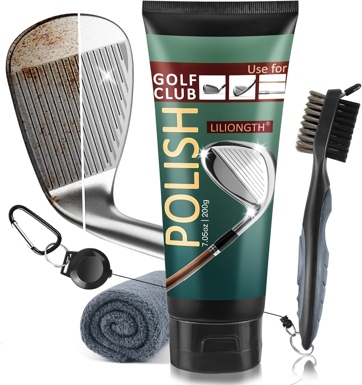 Golf Club Cleaning Kit 3-in-1 with Golf Club Cleaner Brush, Towel and 200g Golf Club Polish - Golf