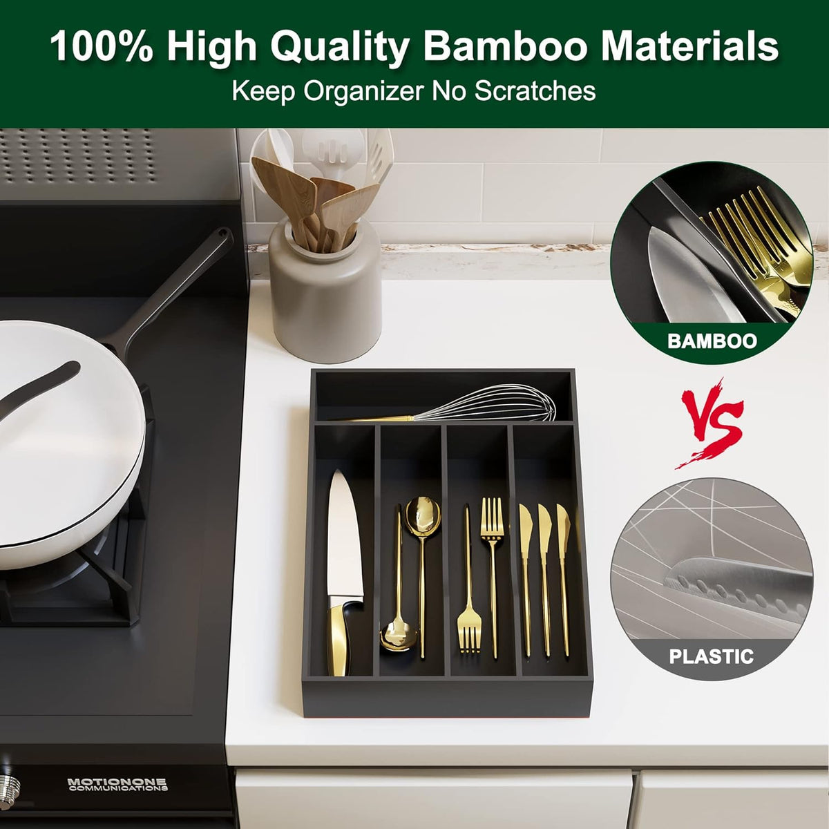 Bellsal Black Utensil Organizer 10 Inch Silverware Tray for Utensil Holder Cutlery Organizer
