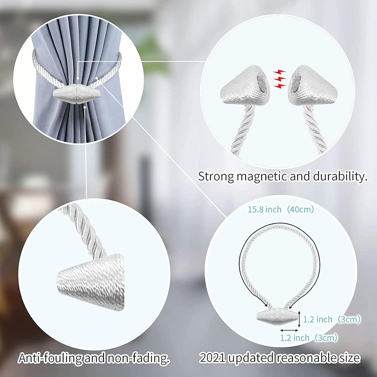 Hion Magnetic Curtain Tiebacks White 2pcs, Curtain Tiebacks Buckles Holdbacks Holders Hooks Clip