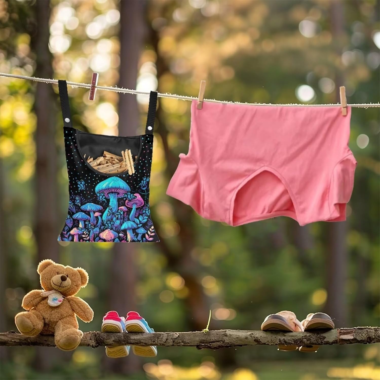Blue Mushroom Adjustable Door-Hanging Laundry Clothespin Bag Clothespin Storage Bag Laundry
