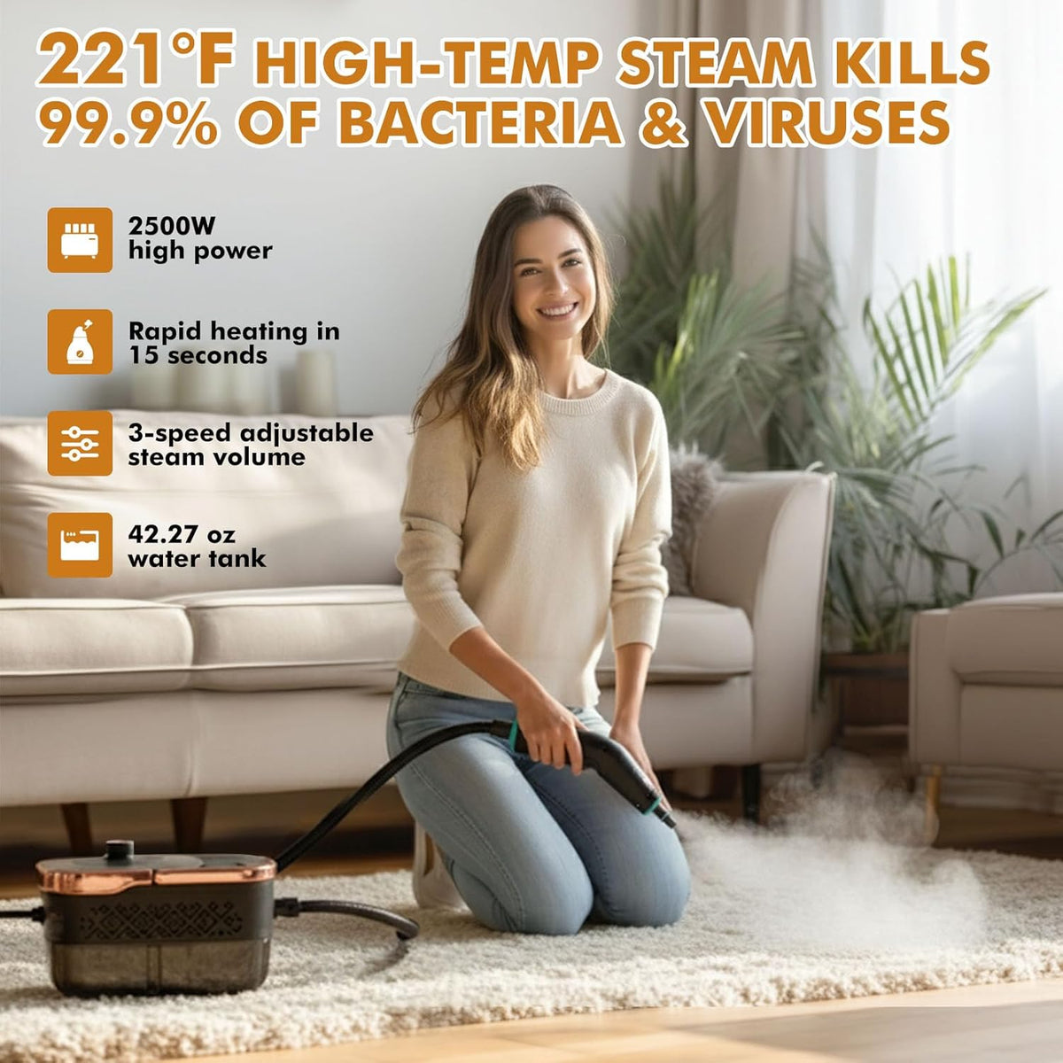 Handheld Steam Cleaner for Home,15s Heat-Up 42.27oz Tank,2500W Portable Steamer for Cleaning,with