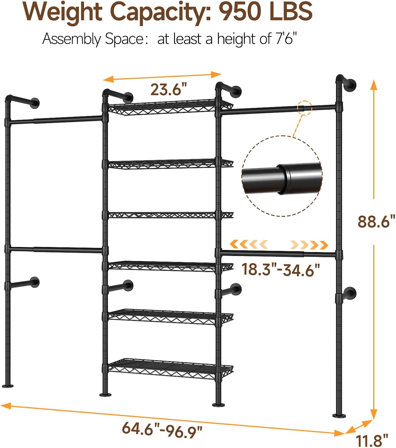 ONBRILL H3 Wall Mounted Closet System, Expandable Industrial Pipe Clothes Rack Clothing Rack for