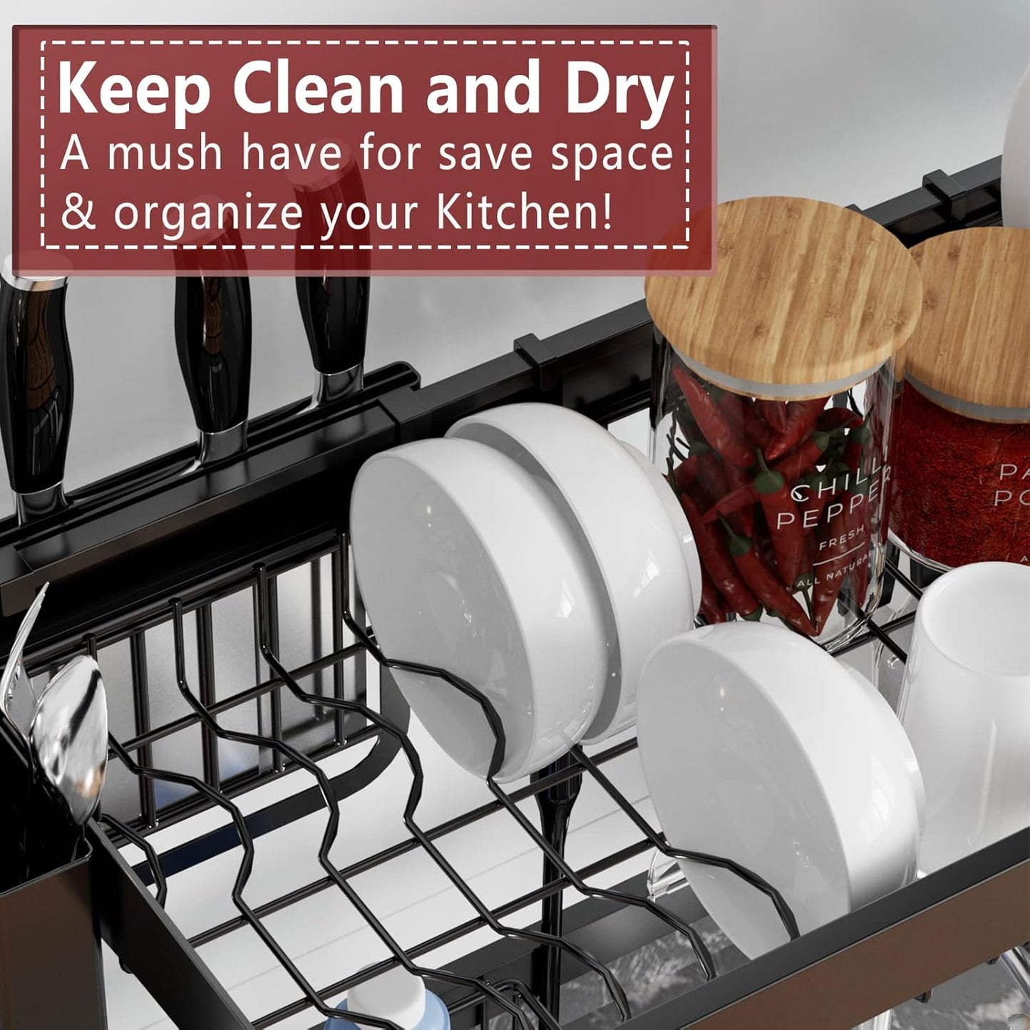 VNKZI Over Sink Dish Drying Rack, 2 Tier Full Stainless Steel Storage Adjustable Length (25.98'' to
