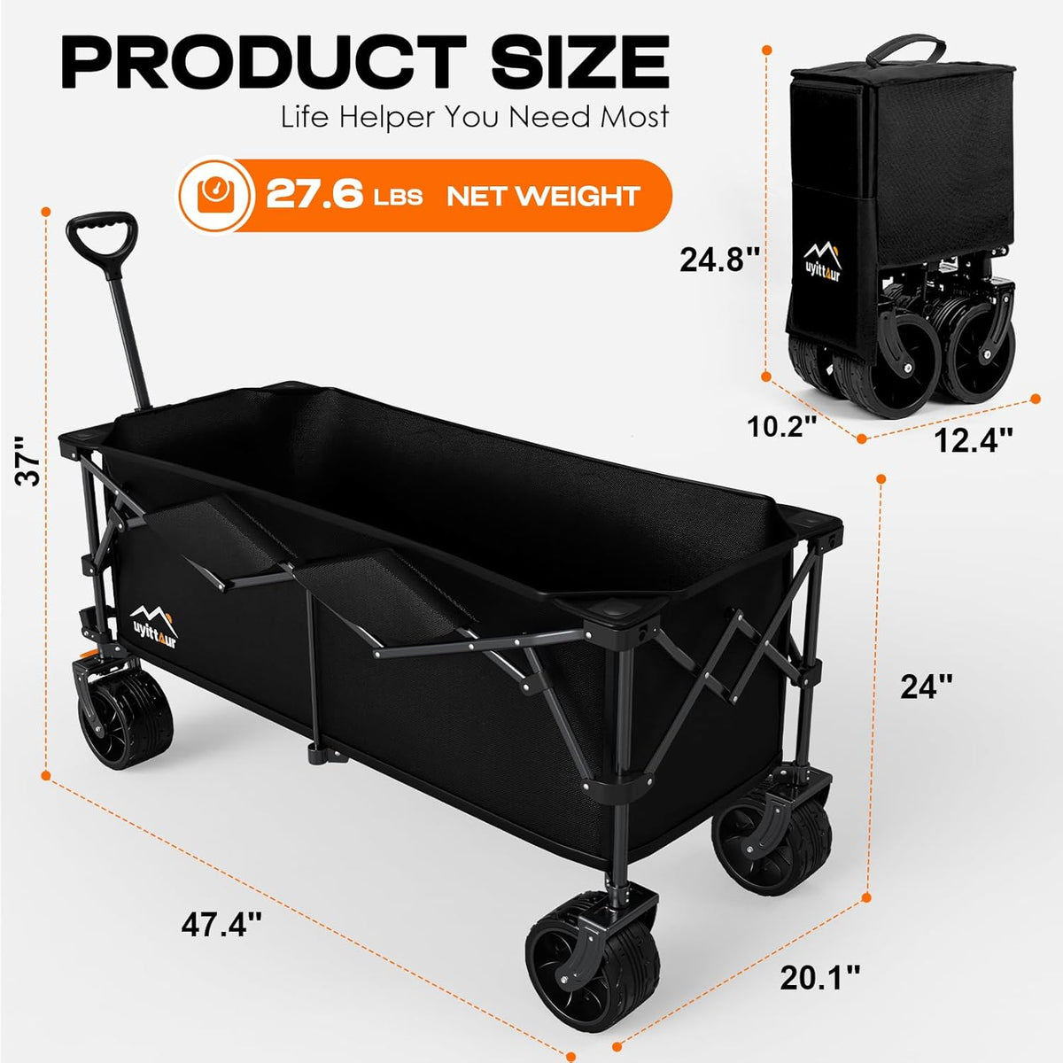 300L Extra Large Collapsible Foldable Wagon, 440lbs Load Capacity 48''L Extended Heavy Duty Folding