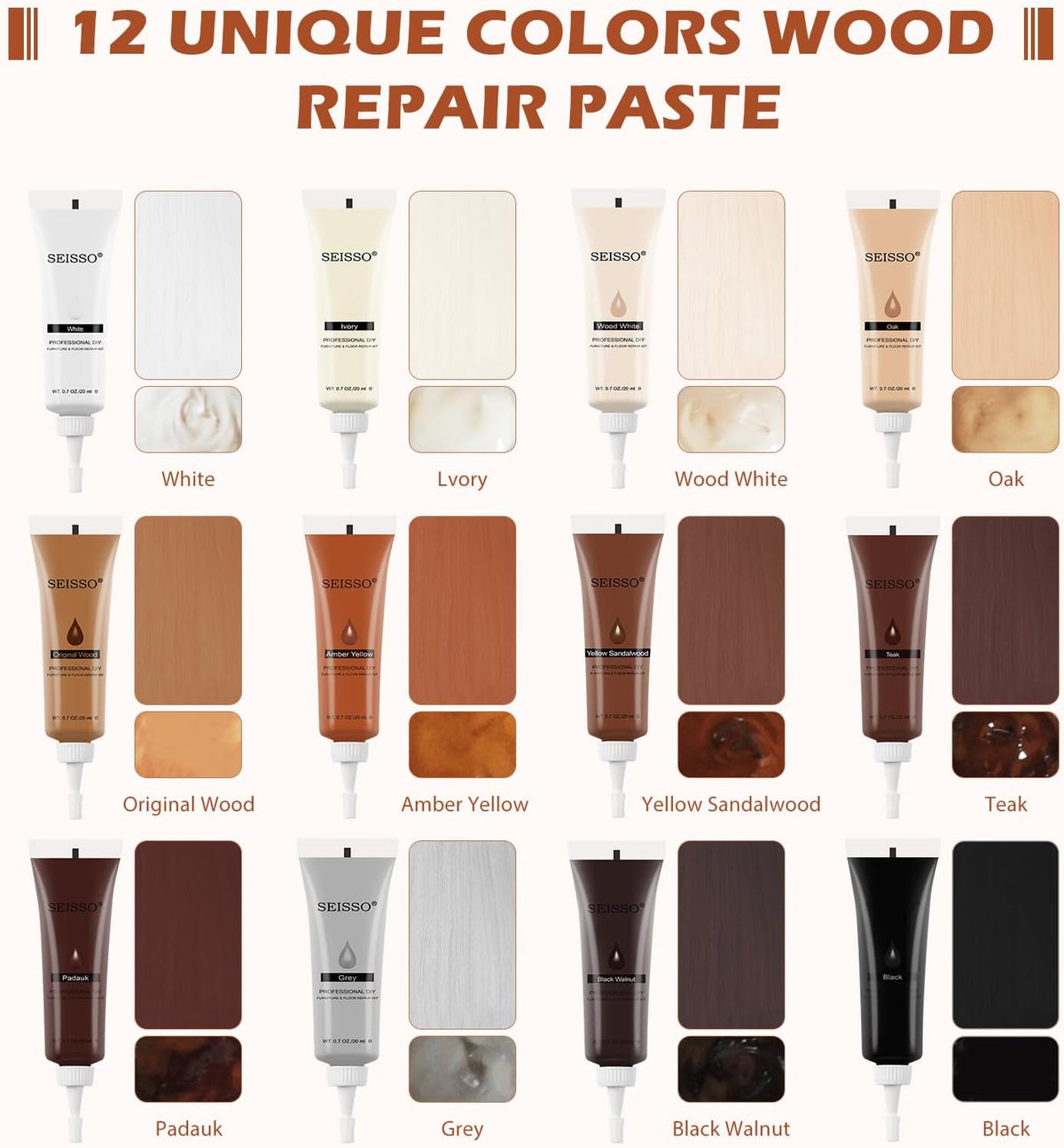 SEISSO Furniture Repair Kit, 12 Colors Wood Touch up Paint, Wood Stain, Wood Filles, Wood Paint