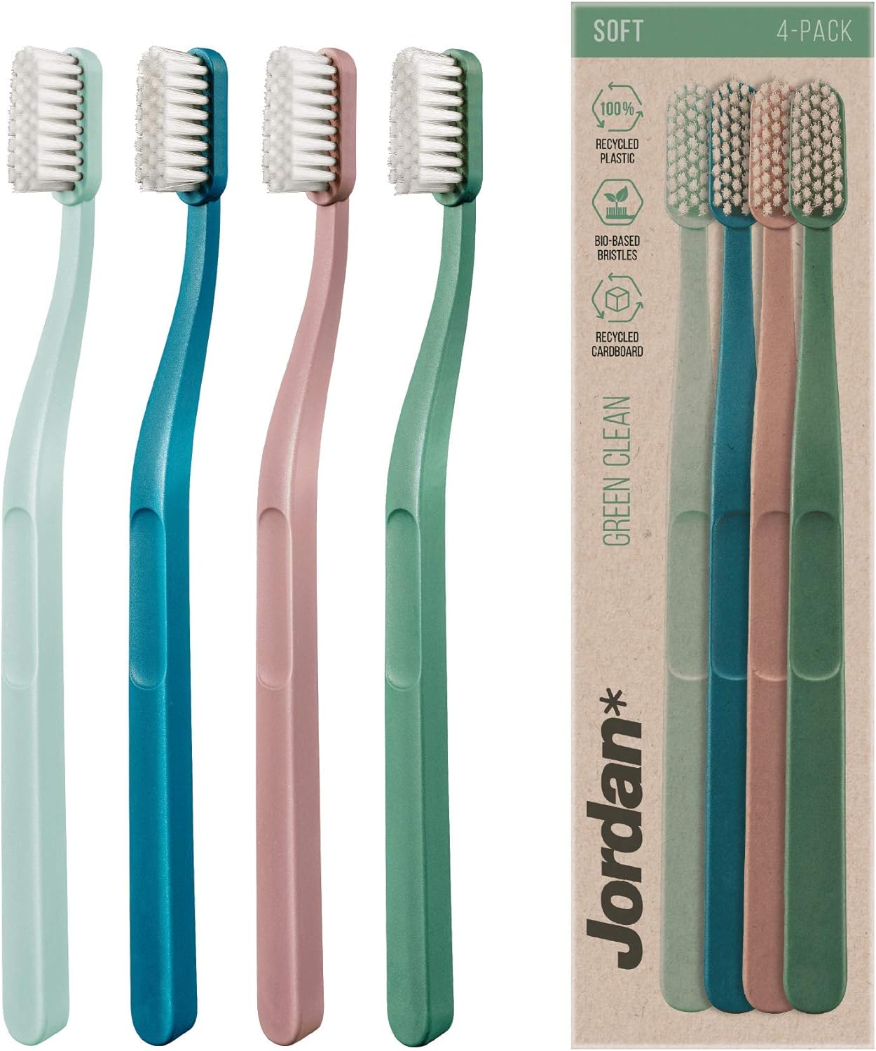 Jordan Green Clean Manual Toothbrush - Sustainable, Scandinavian Design, Soft Bristles, Mixed