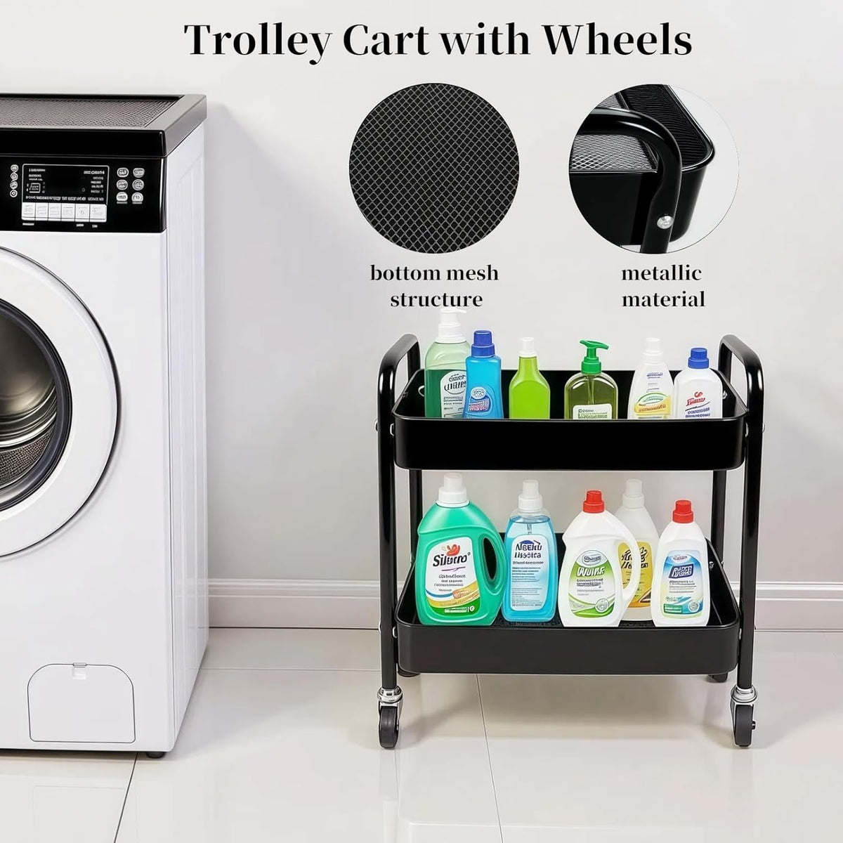 2 Tier Rolling Cart with Wheels for Under Desk Storage & Pantry Storage, Large Capacity Laundry
