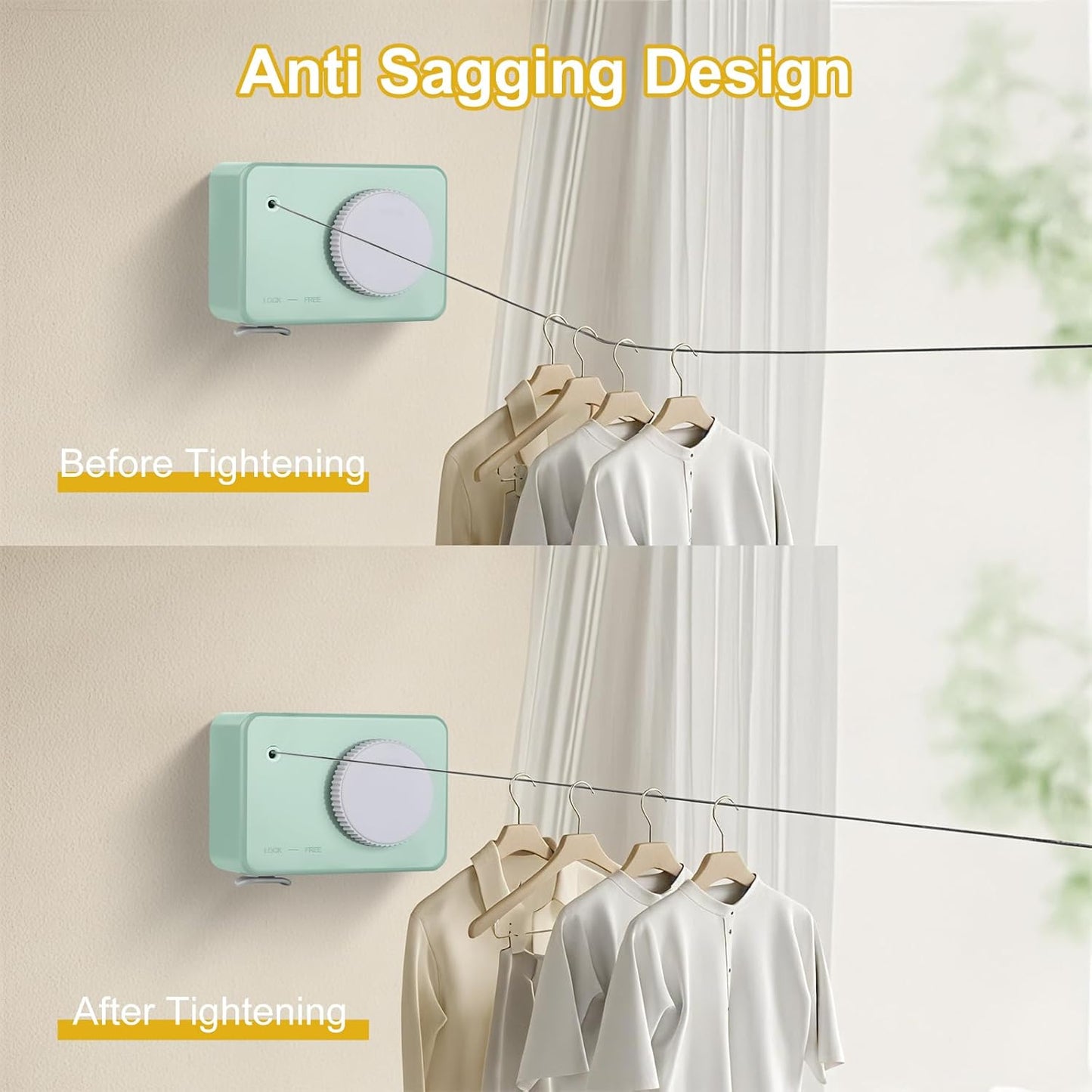 Retractable Clothesline Indoor/Outdoor, Anti-Sag for Drying Clothes Line Retracting Indoor/Outdoor