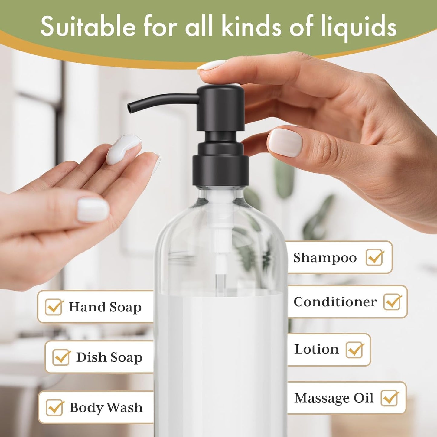 AmazerBath Soap Dispenser, 2 Pack Glass Soap Dispenser with Stainless Steel Pump, 17 Oz Bathroom