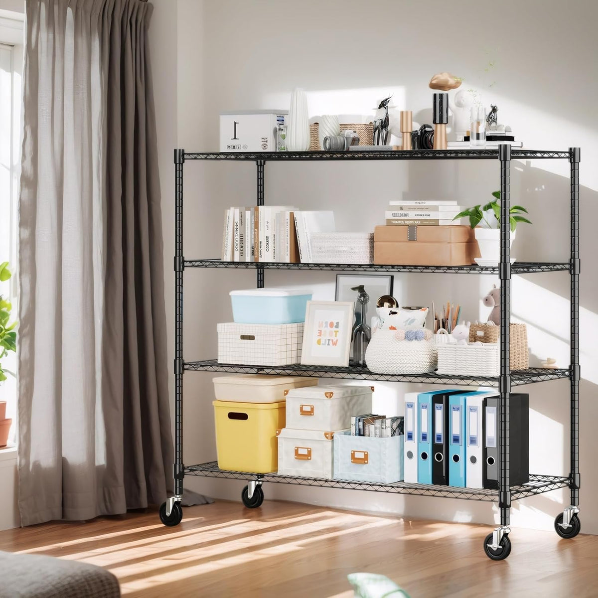 Himimi 72" H Storage Shelves 4 Tier Metal Shelving Adjustable Wire Shelf with Wheels, Heavy Duty