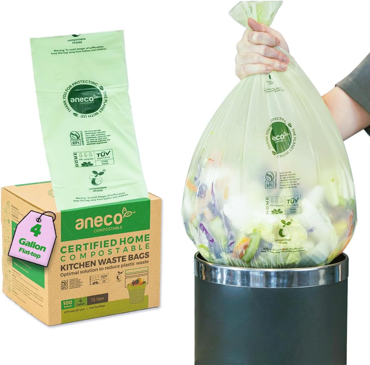 ANECO Compostable Trash Bags 4 Gallon (Flat-Top, 100 Count), Extra Strong for Medium Kitchen