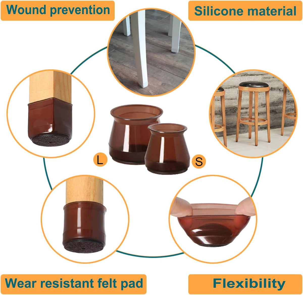 32 Pcs Silicone Chair Leg Floor Protectors for Hardwood Floors, Brown Felt Bottom Chair Leg Covers