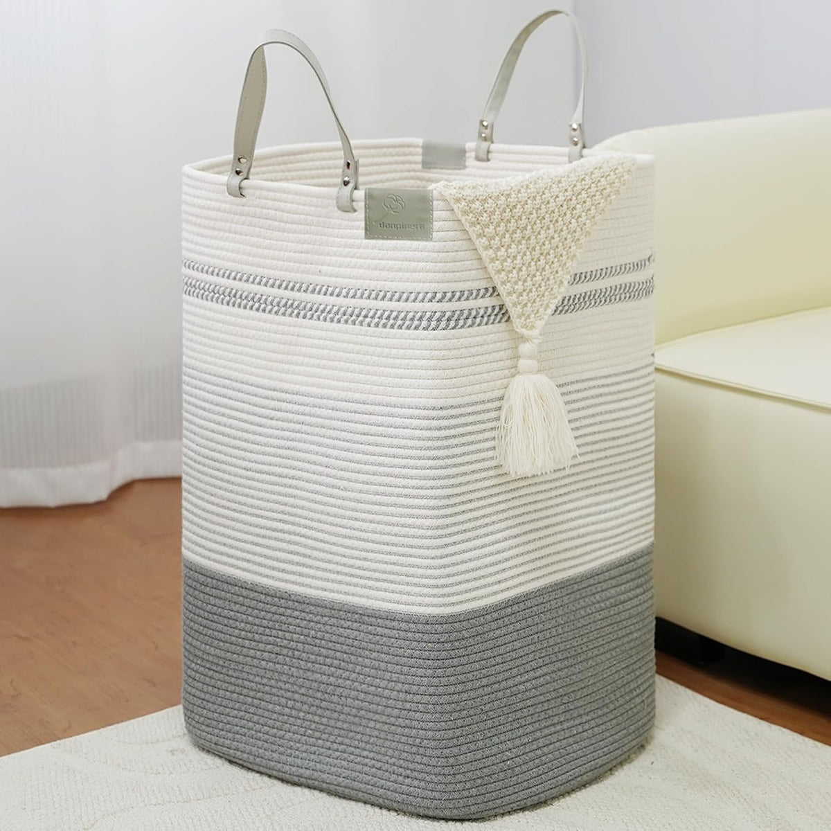 danpinera 100L Nursery Hamper, Tall Woven Laundry Basket with Long Leather Handles, Boho Laundry