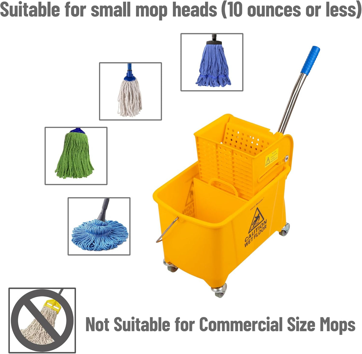 Mind Reader Mop Bucket with Wringer, 22 Qt (5.5 Gallon), Floor Cleaning, Handle, Wheels, 16.25"L x