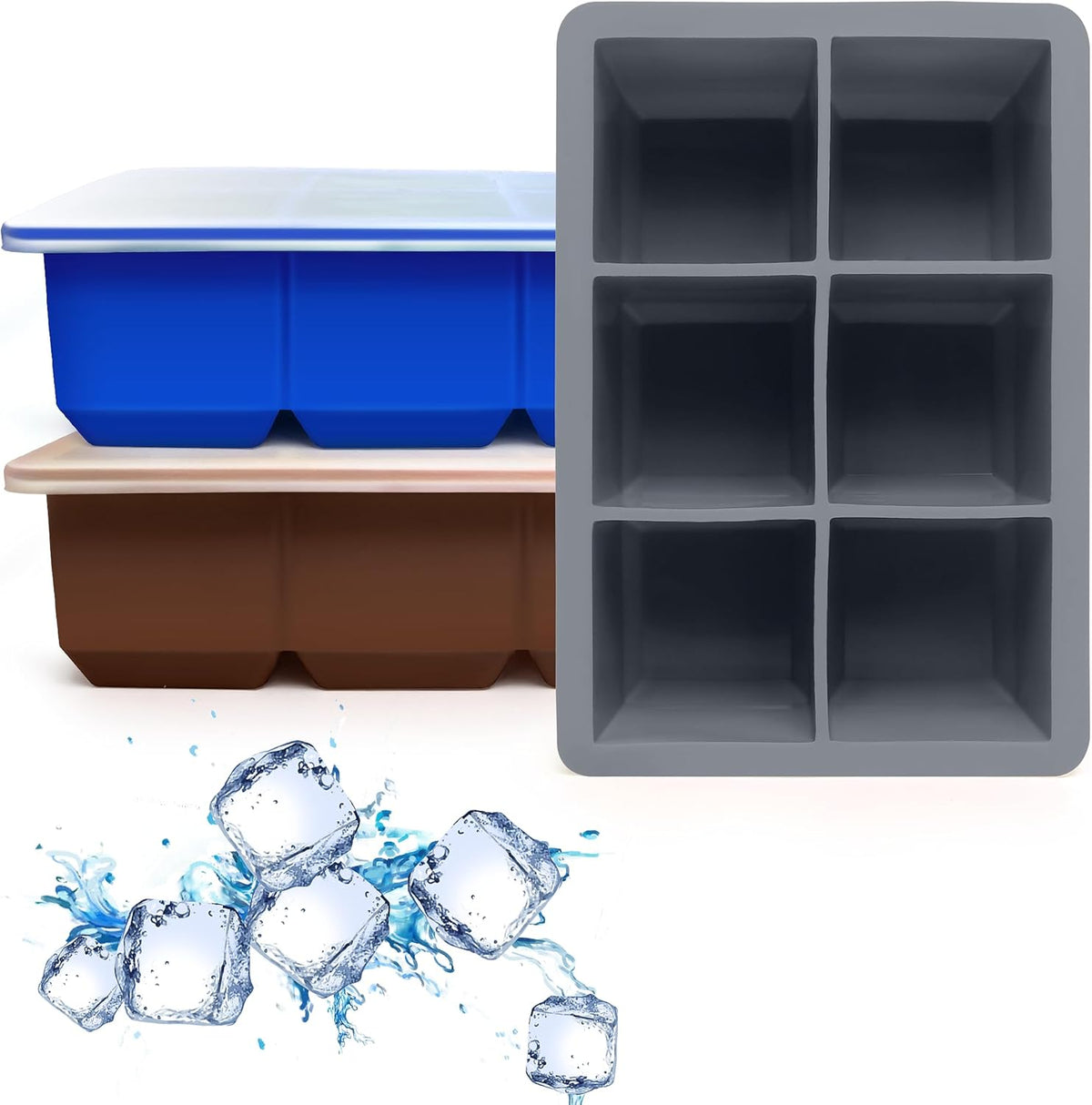 Silicone Ice Cube Trays 3 Pack - Large Size Silicone Ice Cube Molds with Leak Proof Removable Lid