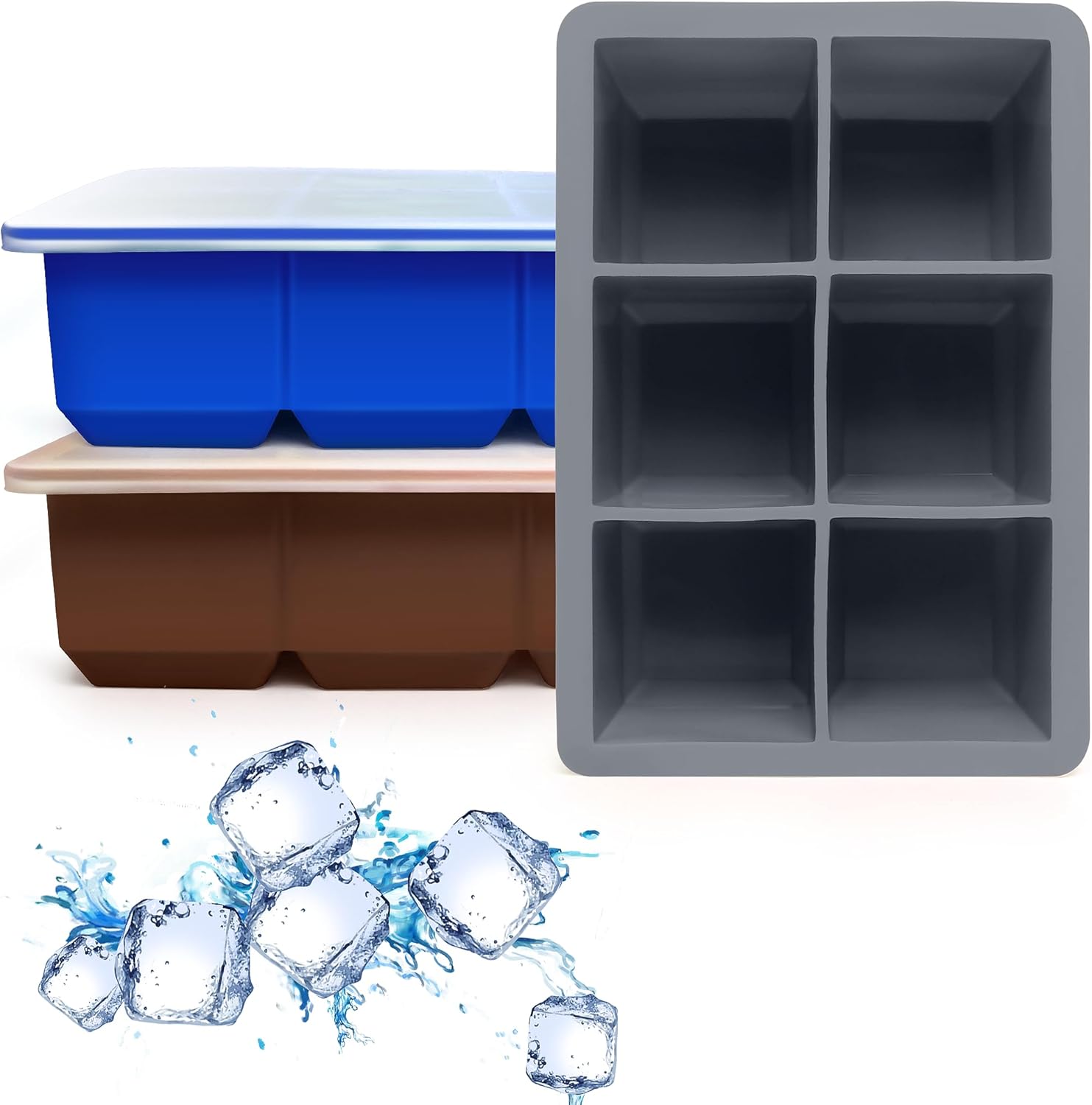 Silicone Ice Cube Trays 3 Pack - Large Size Silicone Ice Cube Molds with Leak Proof Removable Lid