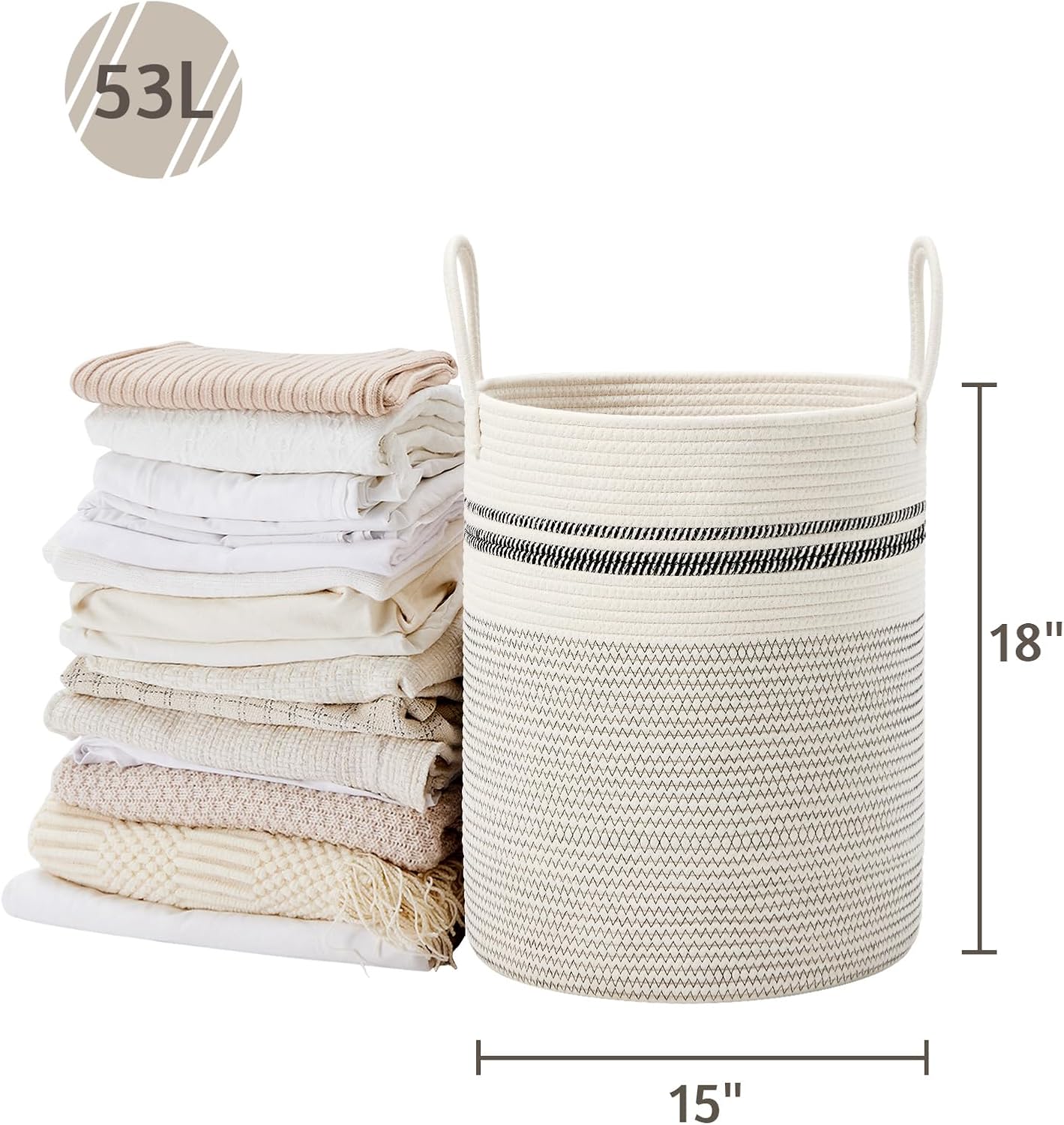 VIPOSCO Large Laundry Hamper, Tall Woven Rope Storage Basket for Blanket, Toys, Dirty Clothes in