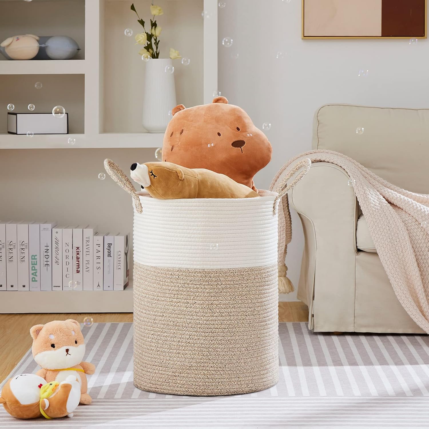 VIPOSCO Large Laundry Hamper, Tall Woven Rope Storage Basket for Blanket, Toys, Dirty Clothes in