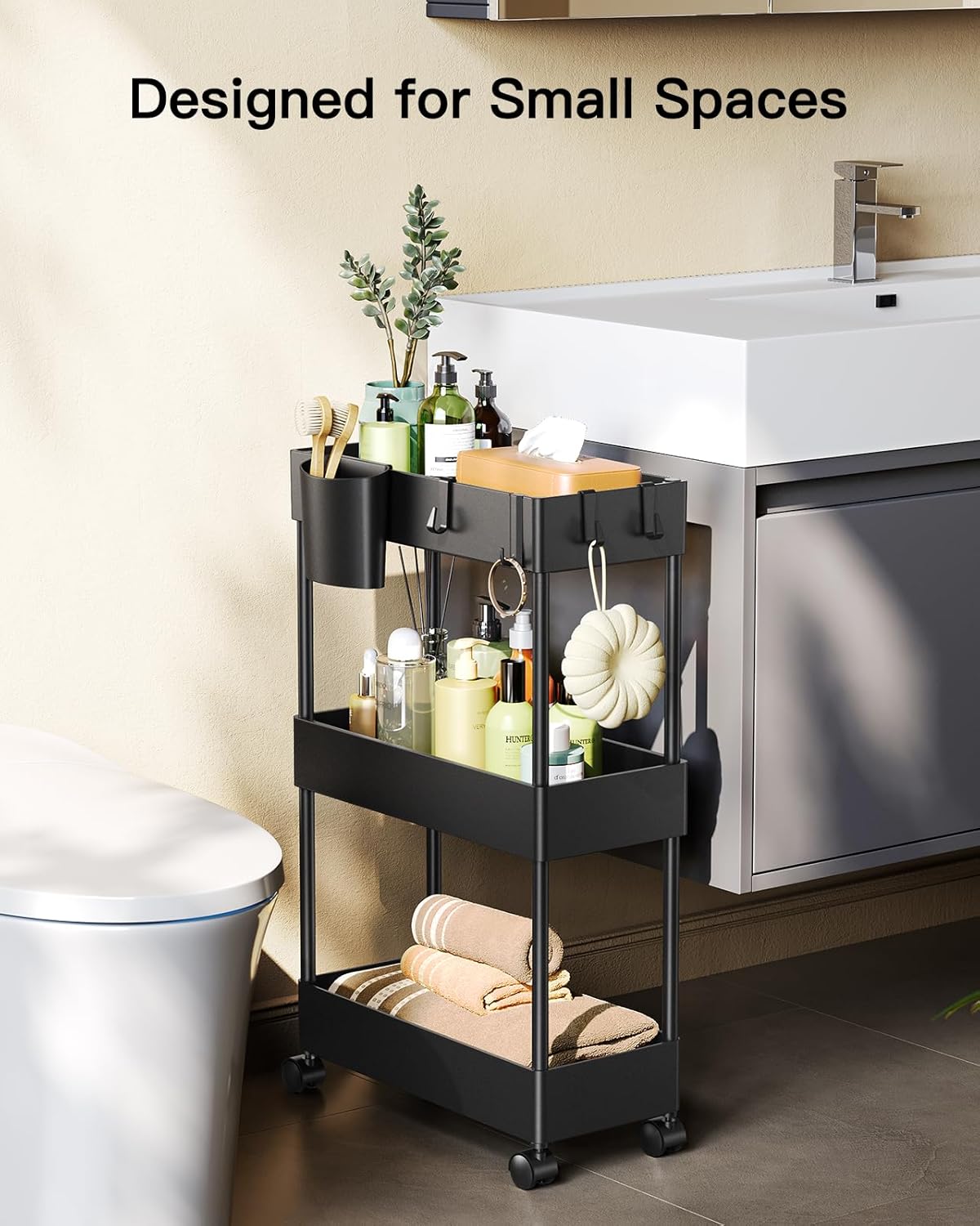 Pipishell Slim Storage Cart with Wheels - 3 Tier Bathroom Organizers and Storage Cart - Rolling