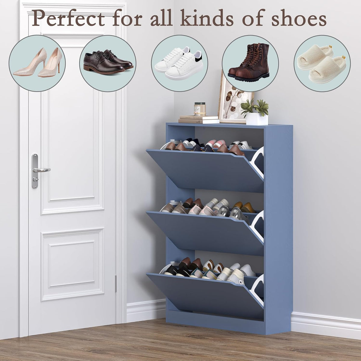 Shoe Cabinet with 3 Flip Drawers, Hidden Wood Shoe Cabinet,Freestanding Shoe Storage Cabinet for