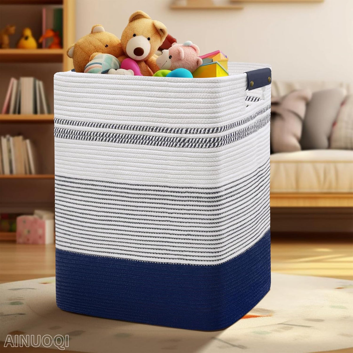 Large Laundry Basket - Tall Woven Rope Laundry Hamper with Leather Handles - Dirty Clothes hamper