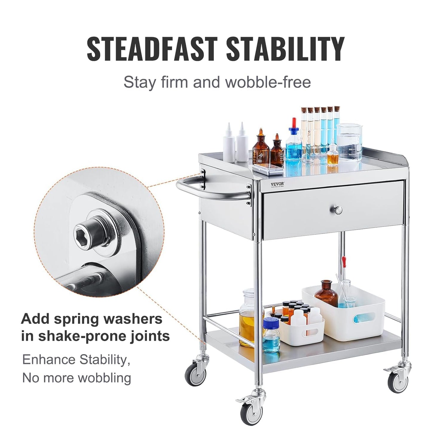 VEVOR Medical Cart, 2-Layer Stainless Steel Cart 220 lbs Weight Capacity, Lab Utility Cart with