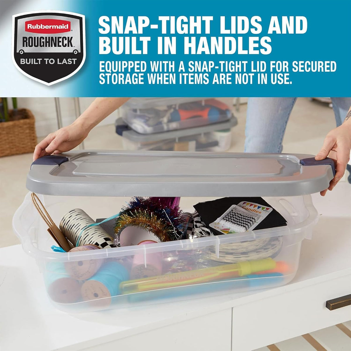 Rubbermaid Roughneck Clear 31 Qt/ 7.75 Gal Storage Containers, Pack of 6 with Snap-Fit Grey Lids