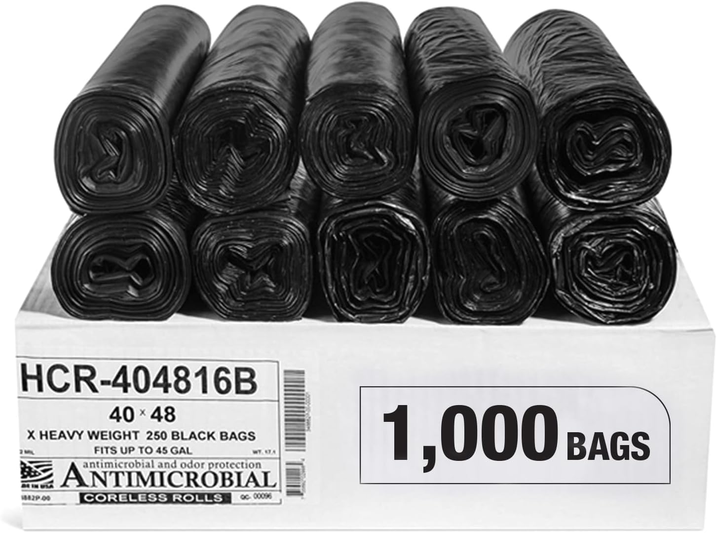 Aluf Plastics High Density Trash Bags, 45 Gallon, 1000 Count, 16 Micron (eq), 40" x 48", Black, for