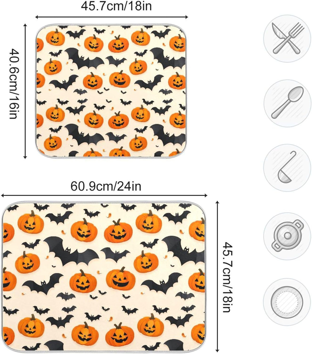 Halloween Black Bat Dish Drying Mat for Kitchen Countertop 18x24 Spooky Evil Pumpkin Lantern Large
